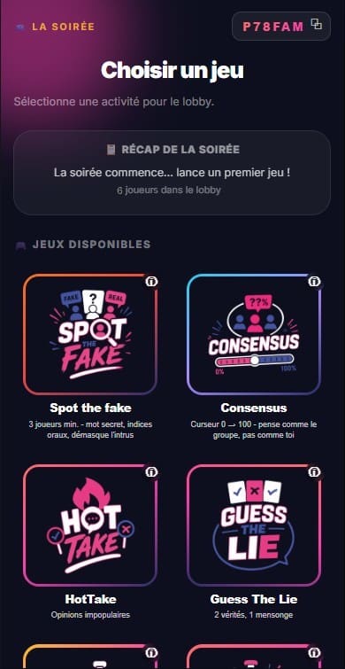 Écran de sélection des jeux REVEAL
